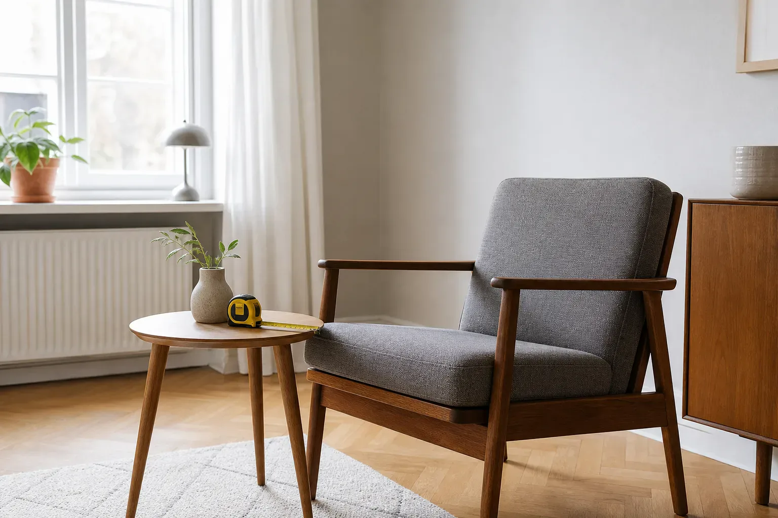 Begagnad möbel med måttband i ett hem